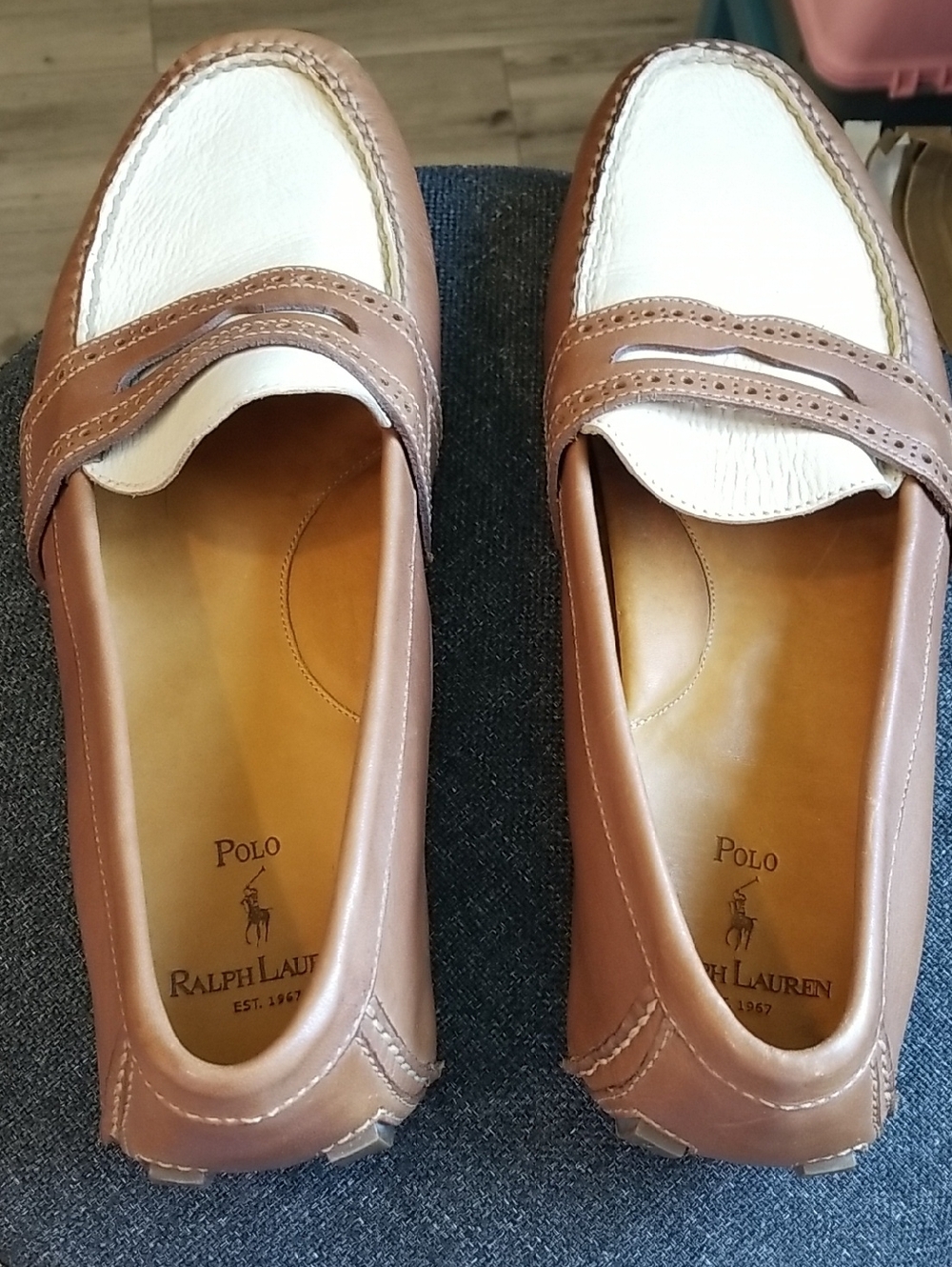 Polo by Ralph Lauren Brown and White Leather Penny Loafers